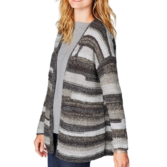 New with Tag  J.Jill Intarsia Womens Striped Textured Zinc Cardigan Wrap Sweater - Picture 2 of 16